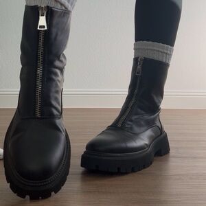 French Connection Black Leather Moto Boots